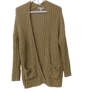 Sabrina Lauren Knit Open Front Cardigan Tan Pockets Long Sleeve Large